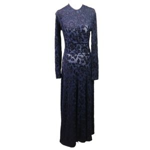 Vintage 90s navy blue sheer velvet burnout floral mesh long sleeve maxi dress S